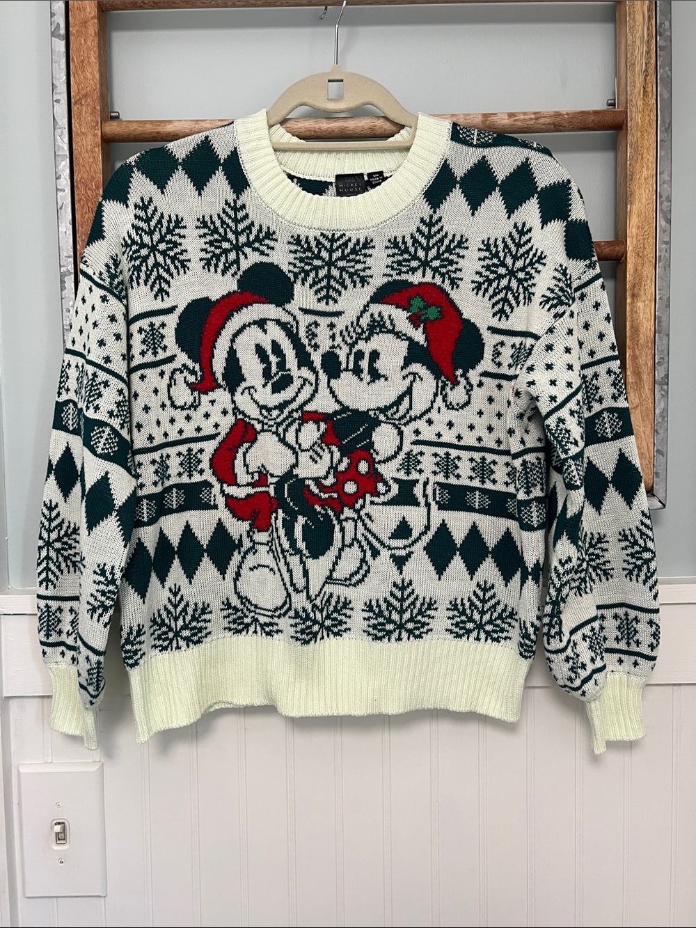 Women’s ugly Christmas Mickey & Minnie Sweater - Cream & Green